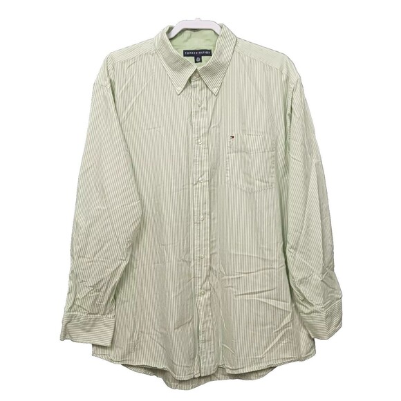 Tommy Hilfiger Shirt Mens XL Green White Stripes Button Up Long Sleeve Preppy - Picture 1 of 8